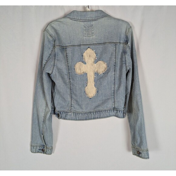 Old Navy Jean Jacket L Women's Blue Light Wash Upcycled Denim Cross Patch - Picture 1 of 6